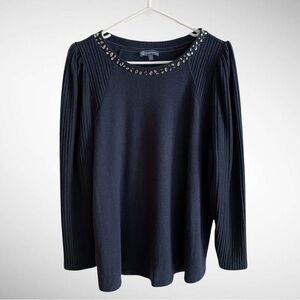 Democracy Embellished Neckline Navy Pullover Sweater Ribbed Puff Sleeves